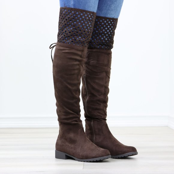 Brown Thigh High Over The Knee Flat Boots Faux Suede - Picture 3 of 14